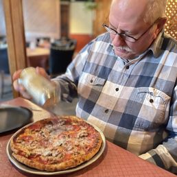 Dad with his pep and mushroom. Dad with his pep and mushroom.