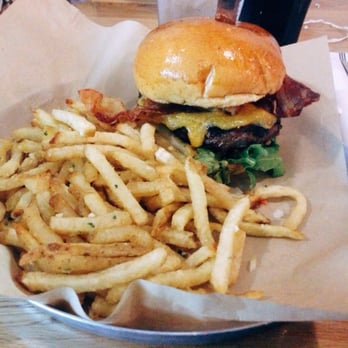 Knolls Restaurant - Kobe beef burger on brioche with bacon and cheddar alongside garlic fries - American Near Me - Long Beach, California Knolls Restaurant - Kobe beef burger on brioche with bacon and cheddar alongside garlic fries - American Near Me - Long Beach, California