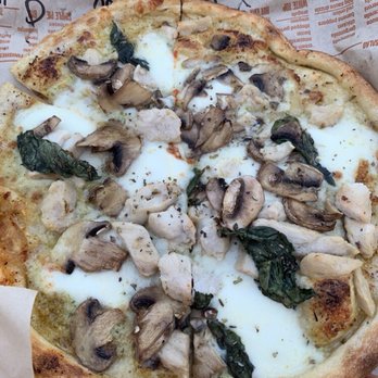 Blaze Pizza - Pizza with basil pesto sauce, mozzarella, mushrooms, grilled chicken, basil, and oregano! Delicious! - Pizza Near Me - Fresh Meadows, New York