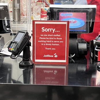 Jollibee - Sign apologizing for limited staff. - Fast Food Near Me - Pembroke Pines, Florida Jollibee - Sign apologizing for limited staff. - Fast Food Near Me - Pembroke Pines, Florida