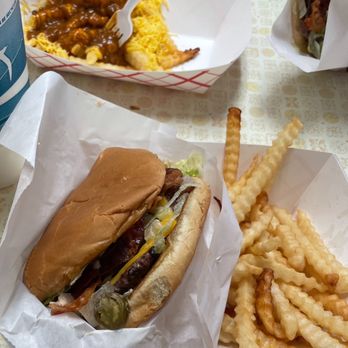 Frosty Drive N - #6 (w/ mustard, jalapeño, secret sauce) with fries and a side of chili cheese fries - Burgers Near Me - Denton, Texas Frosty Drive N - #6 (w/ mustard, jalapeño, secret sauce) with fries and a side of chili cheese fries - Burgers Near Me - Denton, Texas
