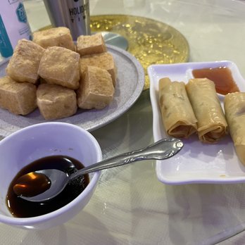 Bodhi Village - Left to right: fried tofu with soy sauce on side, vegetarian spring roll with sweet & sour sauce on side - Vegetarian Near Me - Flushing, New York