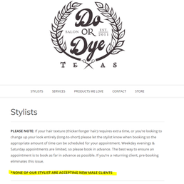Listing from their webpage declining to serve new male clients. Listing from their webpage declining to serve new male clients.