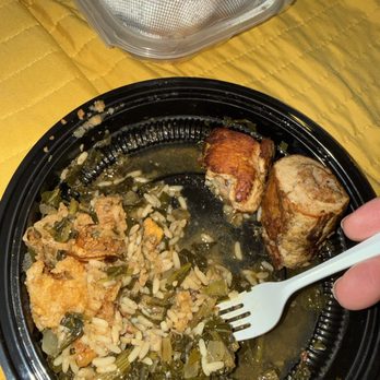 Cypress Grill - Boudin stuffed chicken, mustard, greens, and dirty rice. - American Near Me - Austin, Texas