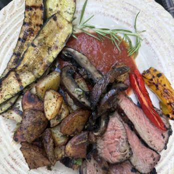 Namaste Chef - Trip tip, roasted potatoes, grilled vegetables. Not shown was the amazing peach/strawberry cobbler. - Caterers Near Me - Julian, California Namaste Chef - Trip tip, roasted potatoes, grilled vegetables. Not shown was the amazing peach/strawberry cobbler. - Caterers Near Me - Julian, California