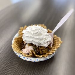 Rocky’s Place - Peppermint Bark with wet walnuts and chocolate fudge in a freshly made waffle bowl.