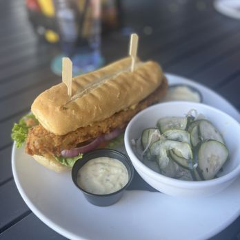 The Office Craft Bar & Kitchen - Fish Sandwich with Cucumber Salad - Breakfast & Brunch Near Me - Charlotte, North Carolina The Office Craft Bar & Kitchen - Fish Sandwich with Cucumber Salad - Breakfast & Brunch Near Me - Charlotte, North Carolina