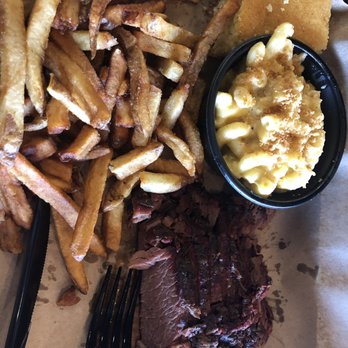 Mission BBQ - Lean Brisket with fries, mac & cheese & a piece of cornbread - Barbeque Near Me - Parma, Ohio