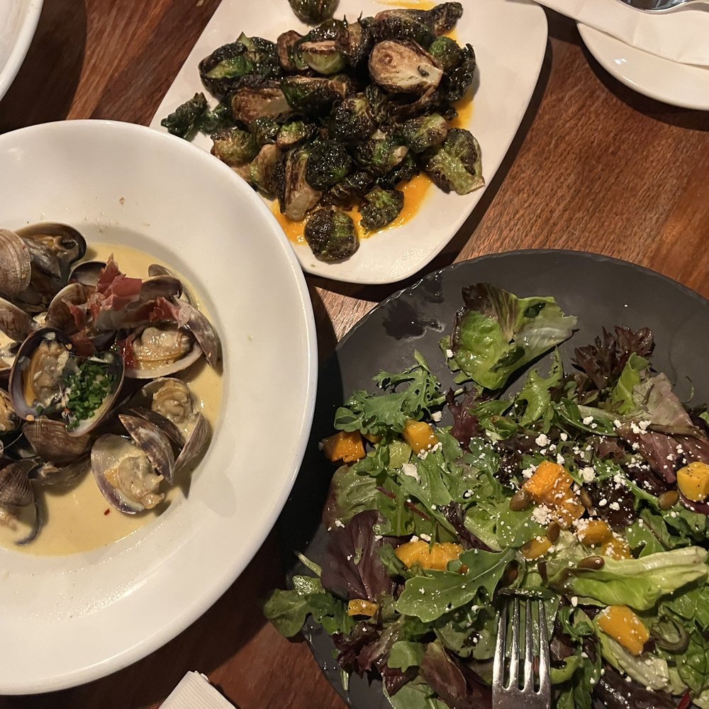 re:public - Fresh Spring Salad, carrot purée Brussels (would not recommend), and clams !! - New American Near Me - Seattle, Washington re:public - Fresh Spring Salad, carrot purée Brussels (would not recommend), and clams !! - New American Near Me - Seattle, Washington
