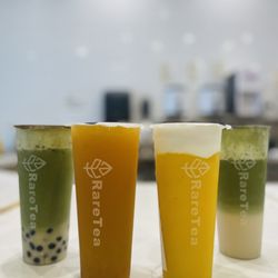 RareTea - Left to right Matcha boba with oat milk Mango green tea Mango n cream Match, oat milk, sweet cream