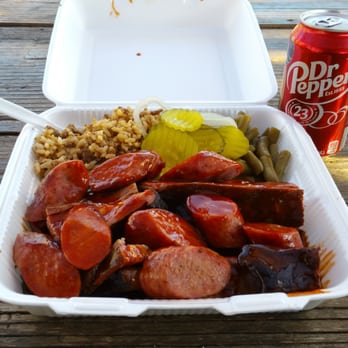 Fitties BBQ - 3-meat combo, pork ribs, beef brisket and sausage with dirty rice and green beans. - Barbeque Near Me - Bastrop, Texas