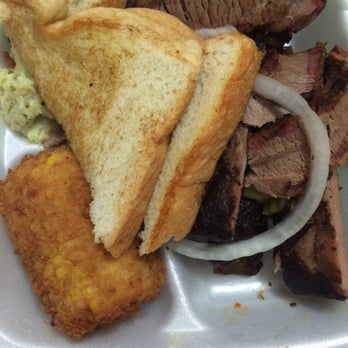Ray's Real Pit BBQ Shack - 2 meat plate. Ribs, brisket, fried corn on the cob, potato salad, pickles, onions and bread. Delicious!!! - Barbeque Near Me - Houston, Texas Ray's Real Pit BBQ Shack - 2 meat plate. Ribs, brisket, fried corn on the cob, potato salad, pickles, onions and bread. Delicious!!! - Barbeque Near Me - Houston, Texas