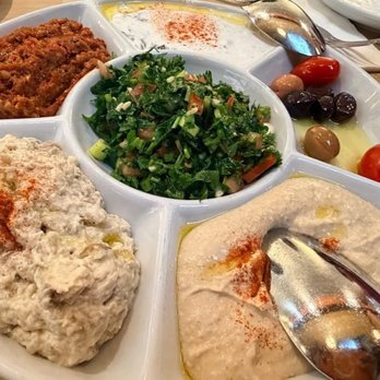 Truva Cafe and Grill - Mixed appetizer - hummus, ezme, tabbouleh, babaghanoush, and spinach tarator - Mediterranean Near Me - Astoria, New York