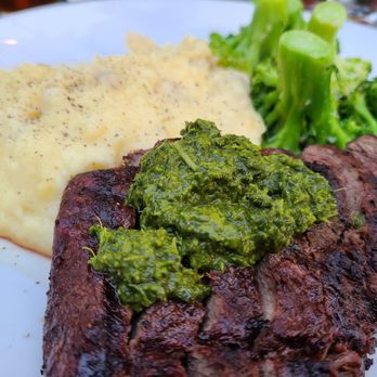 Indigo Moon - Flat Iron Steak with mash potatoes and broccoli - New American Near Me - Cambria, California Indigo Moon - Flat Iron Steak with mash potatoes and broccoli - New American Near Me - Cambria, California