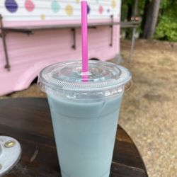 Crumb & Cream - Tarheel latte: caffeine-free buttertly pea tea sweetened with lavender, milk, over ice