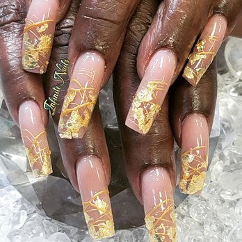 Infinite Nails Salon - Acylic full set with gold flakes nail art - Nail Salons Near Me - Jacksonville, Florida