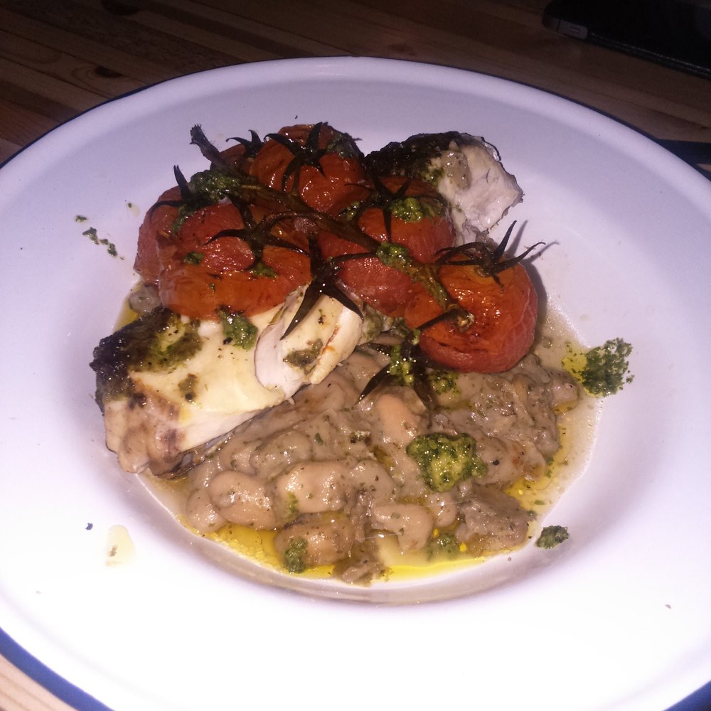 Altrincham Market - Hake with rocket amd walnut pesto cannellini bean ragu and vine cherry tomato. - Farmers Market Near Me - Altrincham, XGM Altrincham Market - Hake with rocket amd walnut pesto cannellini bean ragu and vine cherry tomato. - Farmers Market Near Me - Altrincham, XGM