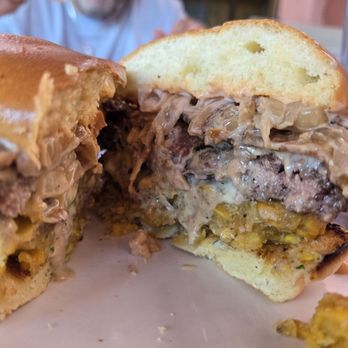 Chefs on the Run Gastro Pub - El Yunque Burger cut in half - Caribbean Near Me - Homestead, Florida Chefs on the Run Gastro Pub - El Yunque Burger cut in half - Caribbean Near Me - Homestead, Florida