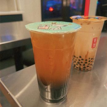 Gong Cha - (Left) Lychee green tea w/ boba, (right) dirty brown sugar latte w/ boba. - Bubble Tea Near Me - Washington, DC, District of Columbia