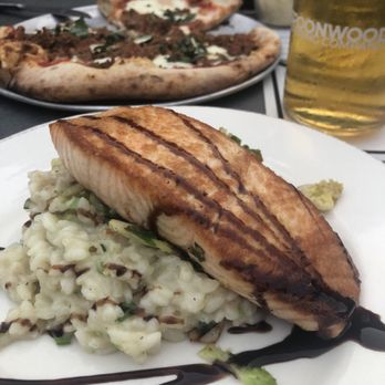 Spoonwood Brewing - Salmon entree with chive risotto and shaved Brussels (YUM) - Pizza Near Me - Pittsburgh, Pennsylvania
