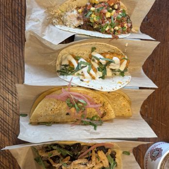 Velvet Taco - From top to bottom: Rotisserie Chicken, Spicy Tikka Chicken, Quesa Birria Duo, Grilled Steak - New American Near Me - Austin, Texas Velvet Taco - From top to bottom: Rotisserie Chicken, Spicy Tikka Chicken, Quesa Birria Duo, Grilled Steak - New American Near Me - Austin, Texas