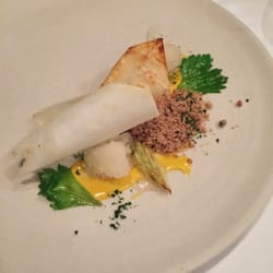 GOMA Restaurant - Celery, pecan, Chardonnay granita, parsley, egg