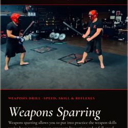Live action drill. Weapon sparring. Protective gear and padded weapons allow you to train safely.