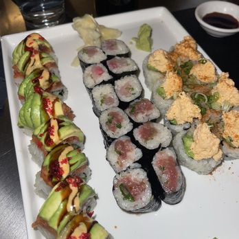Zeppelin - An assortment of sushi from left to right: Chaplin Roll (our fave), Negitoro roll, Hamachi Roll, and Chesapeake Roll - Sushi Bars Near Me - Washington, DC, District of Columbia