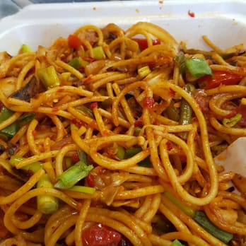 Naan Cafe - Vegetable Chow Mein. I'd ask for mild spicy if you dont wanna eat this with a tissue in hand - Indian Near Me - Redlands, California Naan Cafe - Vegetable Chow Mein. I'd ask for mild spicy if you dont wanna eat this with a tissue in hand - Indian Near Me - Redlands, California