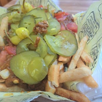The Hat - Chili fries with tomato pickles and yellow peppers. - Fast Food Near Me - Upland, California The Hat - Chili fries with tomato pickles and yellow peppers. - Fast Food Near Me - Upland, California