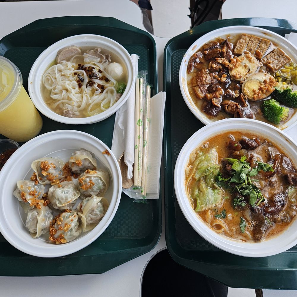 classic soup noodle combo on left, braised noodle rolls and shacha beef noodles on right