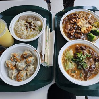 Ng Kee Cafe - classic soup noodle combo on left, braised noodle rolls and shacha beef noodles on right - Chinese Near Me - Richmond, British Columbia