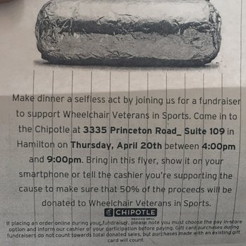 Chipotle Mexican Grill - This was a fundraiser that happened to going on when we stopped in. It made the experience even better! - Mexican Near Me - Fairfield Township, Ohio Chipotle Mexican Grill - This was a fundraiser that happened to going on when we stopped in. It made the experience even better! - Mexican Near Me - Fairfield Township, Ohio