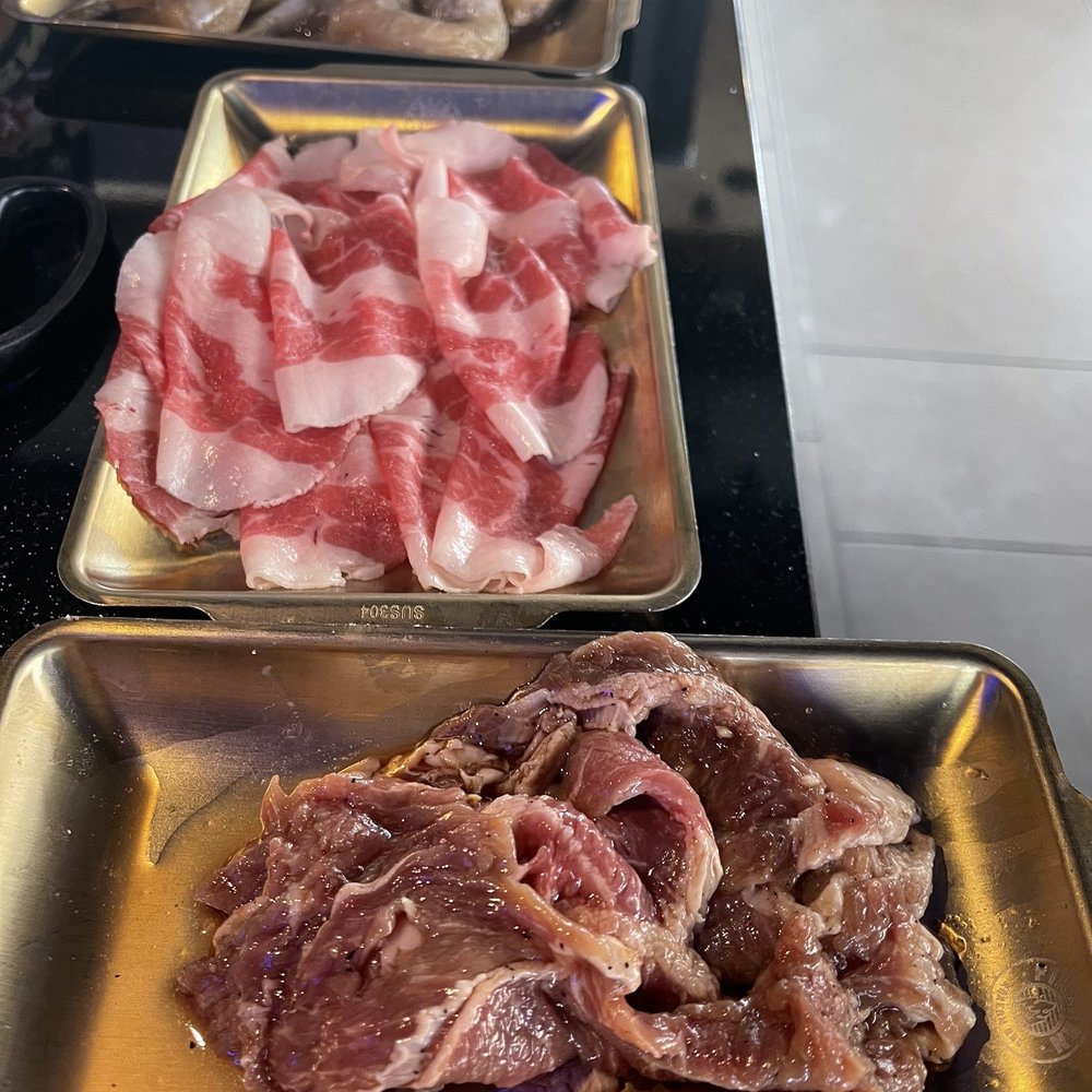 Firepan KBBQ - Firepan steak. Beef belly, marinated shrimp - Korean Near Me - Woodbridge, Virginia