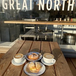The Great North - Cafe latte, danish (blackberry) pastry and the breakfast ham sandwich.