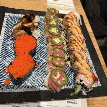Mrs Momo Sushi - Assorted rolls as well as Nigiri sushi of eel and flying fish roe! Yum - Pan Asian Near Me - Warwick, Rhode Island
