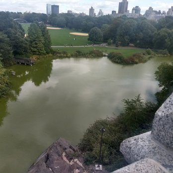 Belvedere Castle - view of Turtle Pond, softball fields on the Great Lawn.  The Jackie Onassis Reservoir is not visible behind the trees in the background - Landmarks & Historical Buildings Near Me - New York, New York