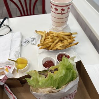 In-N-Out Burger - Protein double-double. Cooked well done , chopped chilies inside .. fries well done - Burgers Near Me - Laguna Hills, California In-N-Out Burger - Protein double-double. Cooked well done , chopped chilies inside .. fries well done - Burgers Near Me - Laguna Hills, California