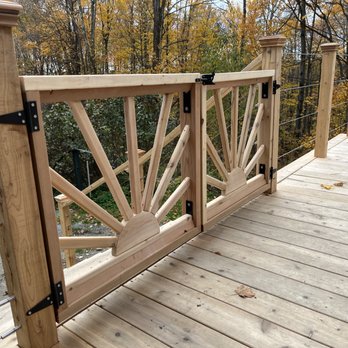 Vermont Mountain Construction - A deck project with a fun finish. Western red cedar decking, posts and gates with a stainless steel low profile railing - General Contractors Near Me Vermont Mountain Construction - A deck project with a fun finish. Western red cedar decking, posts and gates with a stainless steel low profile railing - General Contractors Near Me