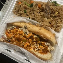 Wing Hut and Seafood - Chicken philly cheesesteak with buffalo sauce and Vegetable Hibachi Rice