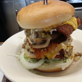1/4 Lb Big Burger - Double Bacon Mushroom Cheeseburger add Spicy Chicken Filet and Grilled Onions (Jack & Cheddar) Around $13 - Burgers Near Me - Martinez, California