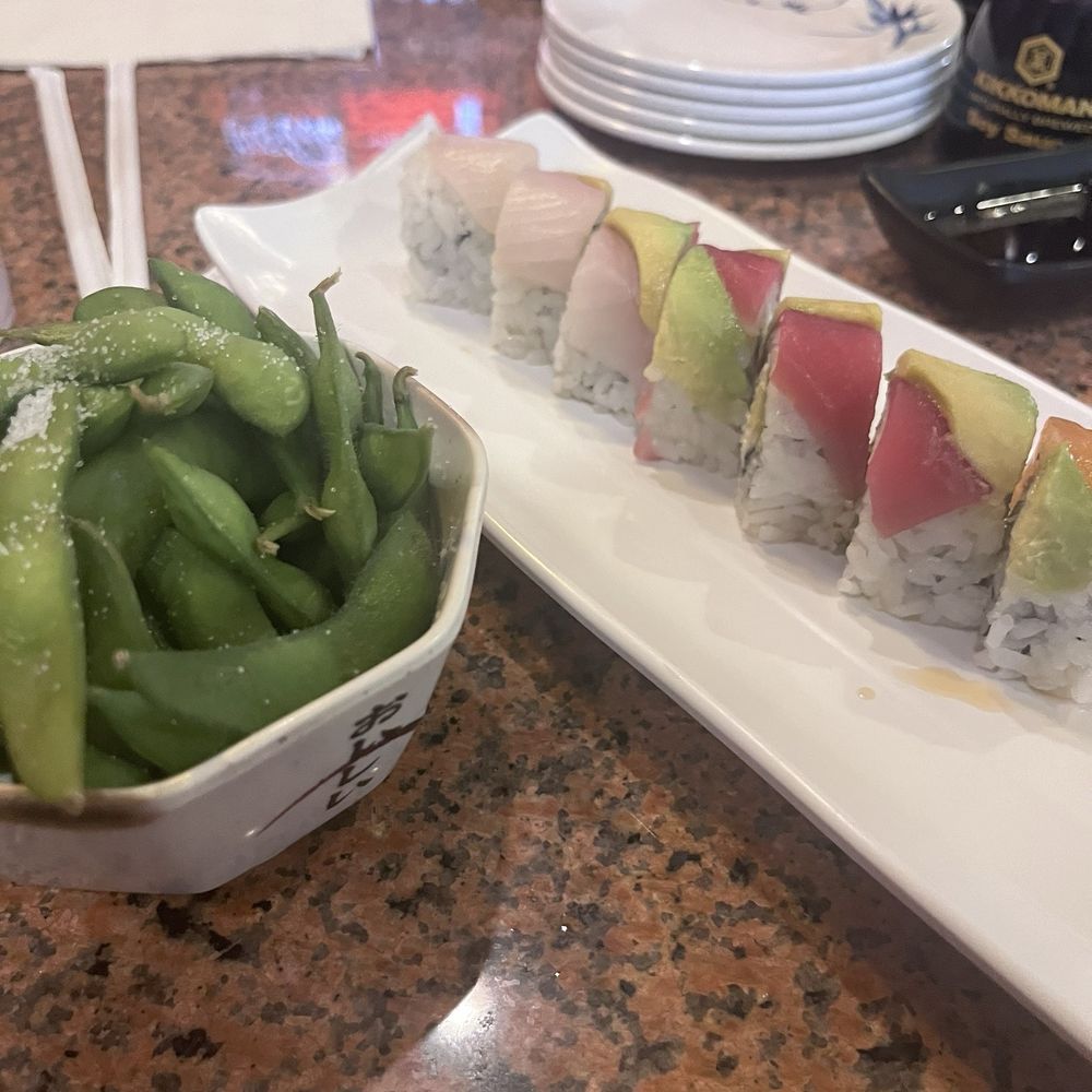 Takara Sushi - Edamame with Rainbow roll. - Sushi Bars Near Me - Logan, Utah