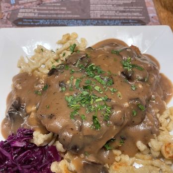Alps Village - Jagerschnitzel Special Jagerschnitzel Special: Spaetzle & veal - German Near Me - Palm Desert, California