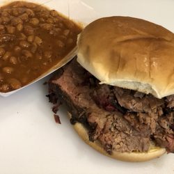 EZ's TexMex BBQ - Sliced Brisket Sandwich and BBQ Beans