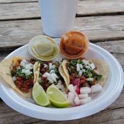 CHORIZO TACOS   GREEN AND RED SAUCES HIBISCUS AQUA FRESCAS