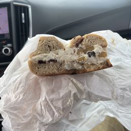 Cinnamon cream cheese with walnuts and honey on a cinnamon raisin bagel (so good!)