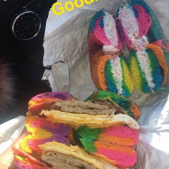 Wally's Bagels - Two rainbow bagels one with egg cheddar cheese turkey bacon and turkey sausage .lol and the other one with Funfetti cream cheese - Bagels Near Me - North Babylon, New York Wally's Bagels - Two rainbow bagels one with egg cheddar cheese turkey bacon and turkey sausage .lol and the other one with Funfetti cream cheese - Bagels Near Me - North Babylon, New York