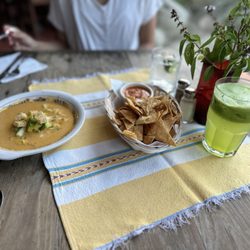 Gazpacho , chips and cucumber water