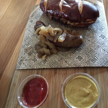Lakefront Brewery - Beer brat with pretzel bun - Breweries Near Me - Milwaukee, Wisconsin Lakefront Brewery - Beer brat with pretzel bun - Breweries Near Me - Milwaukee, Wisconsin