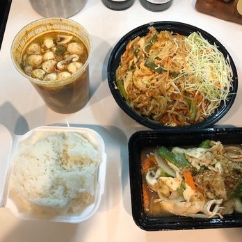Panang2 Thai Restaurant - Top L: Tom Yum Seafood Soup, Chicken pad Thai. Bottom R: White rice & Garlic Chicken. This pic is deceiving, there is a TON of food there! - Thai Near Me - Oklahoma City, Oklahoma Panang2 Thai Restaurant - Top L: Tom Yum Seafood Soup, Chicken pad Thai. Bottom R: White rice & Garlic Chicken. This pic is deceiving, there is a TON of food there! - Thai Near Me - Oklahoma City, Oklahoma